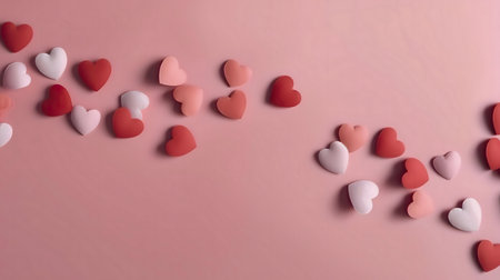 Pink and red hearts scattered on a pink background. Perfect for Valentine's Day.の写真素材