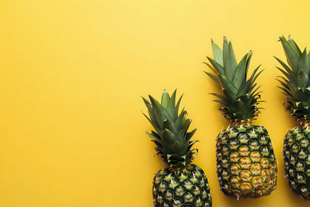 Three ripe pineapples arranged on a bright yellow backdrop. A cheerful summery image.の写真素材