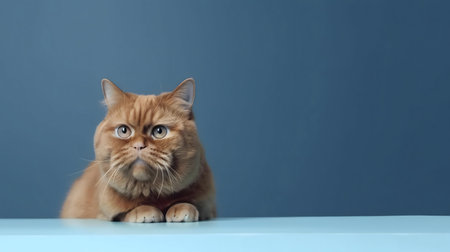 A cute ginger cat sits on a blue table against a blue background.の写真素材