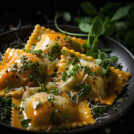 Close-up of delicious ravioli paste with herbs and cheese, beautifully plated.の写真素材