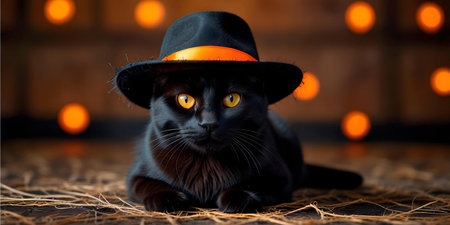 A charming black cat, dressed in a spooky hat, poses for a Halloween photo. Perfect for autumn celebrations!の写真素材