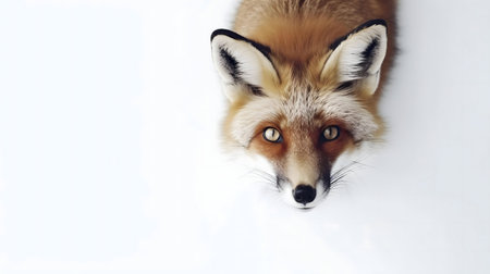 Stunning close-up of a red fox against a white snowy background. The fox's intense gaze is captivating.の写真素材
