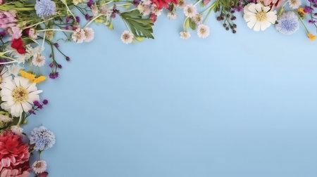 Vibrant wildflowers create a beautiful border on a light blue background. Perfect for springtime celebrationsの写真素材