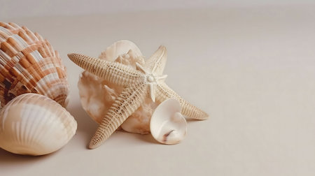 Seashells, starfish, and beige background create tranquil summer scene. Peaceful coastal vibe.の写真素材