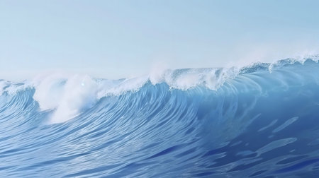 A breathtaking image of a large ocean wave, showing its power and beauty. The serene blue tones...