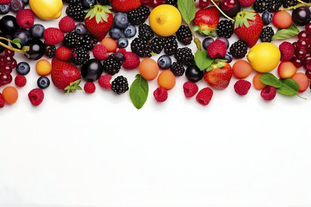 A vibrant collection of summer fruits. Berries, strawberries arranged on a white background.