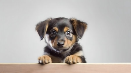 A captivating image of an endearing puppy peering over a wooden surface against a muted gray backdrop.の写真素材