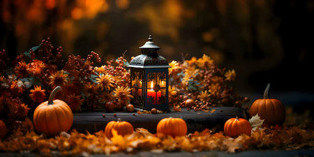 A beautifully lit lantern sits among pumpkins and fall foliage creating an autumnal scene