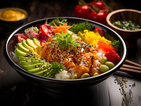 A vibrant poke bowl filled with fresh salmon, avocado, rice, edamame, and other delicious ingredients.の写真素材