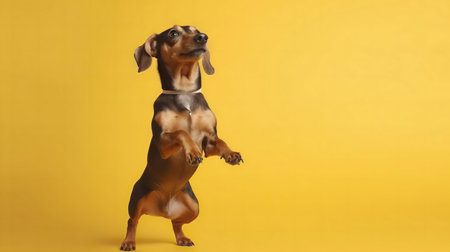 A cute dachshund stands on its hind legs against a vibrant yellow background.