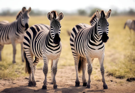 Two zebras stand in a sunny African savanna. One is slightly behind the other.の写真素材