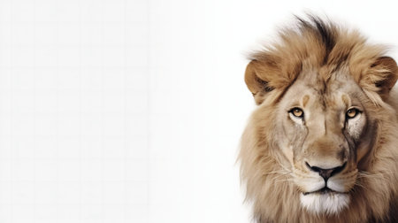 Close-up portrait of a majestic male lion against a white background. The image highlights the lion's powerful gaze and magnificent mane.の写真素材