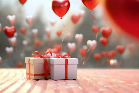 Two elegantly wrapped gifts sit on a table, surrounded by floating heart-shaped balloons. A perfect image for Valentine's Day.の写真素材