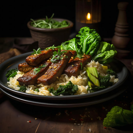 Savory sesame tofu atop fluffy rice, served with vibrant greens. A delectable Asian-inspired meal.の写真素材