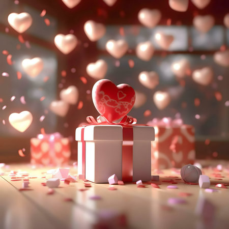 A 3D rendered image of a gift box with heart-shaped decoration and confetti. Perfect for Valentine's...