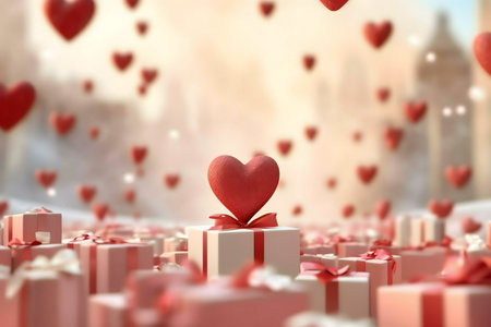 Many gifts and hearts floating, expressing Valentine's Day love.