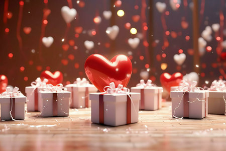Red heart sits atop gifts, a romantic Valentine's setting.の写真素材
