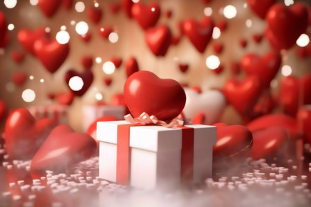 A 3D rendered image of a white gift box with a red heart on top, surrounded by many hearts. Perfect for Valentine's Day.の写真素材