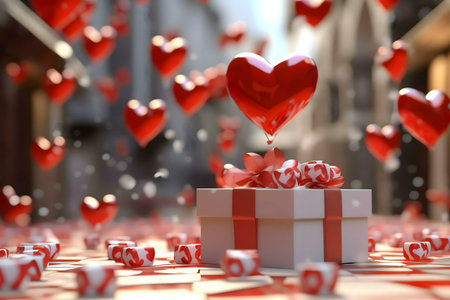 A gift box with a large red heart floating above, surrounded by many smaller hearts falling. The scene is romantic and festive.の写真素材