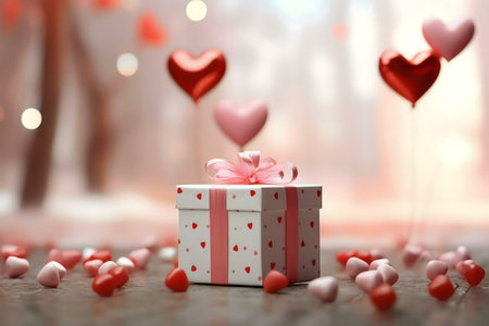 A beautifully wrapped gift box sits surrounded by heart-shaped candies and balloons, creating a romantic Valentine's Day scene.の写真素材