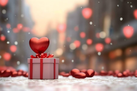 A red heart sits atop a pink gift box, symbolizing Valentine's Day romance.の写真素材