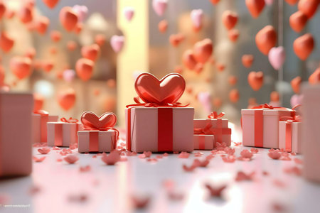 Romantic Valentine's Day gifts scene with heartsの写真素材