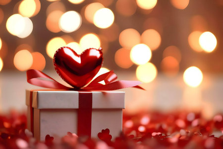 A red heart rests atop a beautifully wrapped gift, creating a romantic and festive Valentine's Day scene.の写真素材