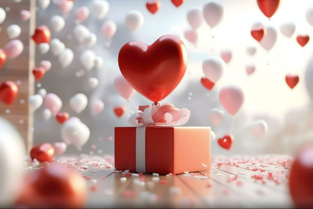 A red heart-shaped balloon floats above a gift box, surrounded by many small heart-shaped balloons. Perfect for Valentine's Dayの写真素材