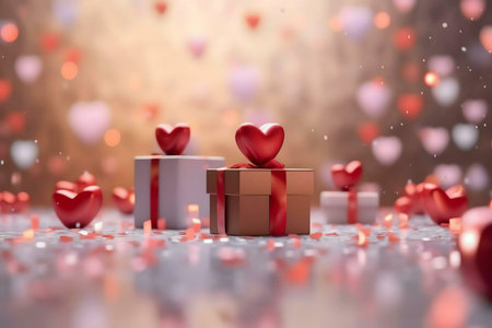 A Valentine's Day scene with red hearts on gifts, surrounded by confetti and bokeh.の写真素材