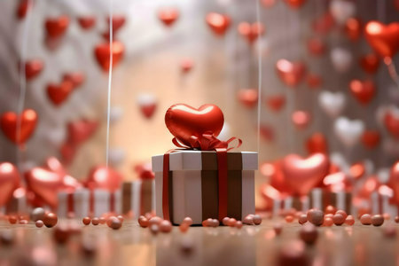 A white gift box with a red heart balloon on top, surrounded by many heart-shaped balloons, creating a romantic Valentine's Day scene.の写真素材