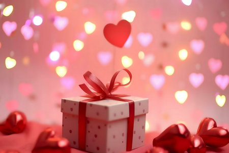 A white gift box with a red ribbon sits among red hearts and bokeh lights, creating a romantic Valentine's Day scene.の写真素材