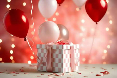 A pink gift box tied with a ribbon sits amongst red and pink balloons against a bokeh background.