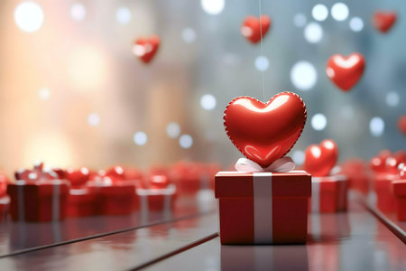 A shiny red heart sits atop a red gift box, surrounded by other presents. A romantic and festive image perfect for Valentine's Day.の写真素材