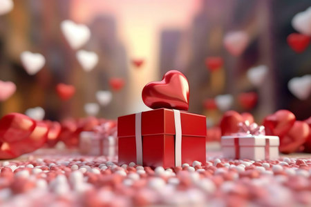 Red gift box with heart on top, surrounded by smaller hearts and candy. Perfect Valentine's Day image.の写真素材