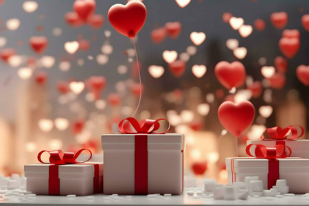 Three gift boxes with red ribbons and a heart shaped balloon on background of falling hearts.の写真素材