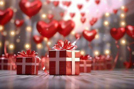 Red gift boxes with bows, surrounded by floating red heart balloons and warm lights. Perfect for Valentine's Day.の写真素材