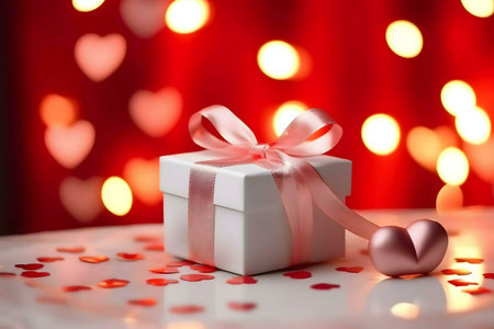 A white gift box with a pink ribbon and heart shaped decoration sits on a table among red confetti against a blurred background of red and gold hearts.の写真素材
