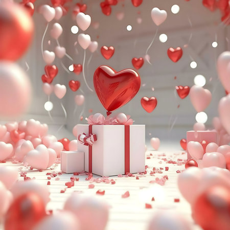 A romantic scene with a gift box, heart-shaped balloons, and confetti for a Valentine's Day celebration.の写真素材