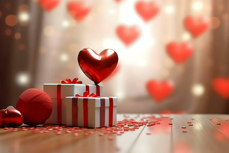 A romantic scene with gifts, a red heart balloon, and confetti on a wooden table.の写真素材