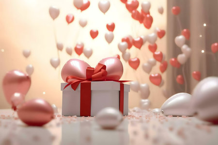 A white gift box with a red ribbon, surrounded by pink and white heart-shaped balloons. Perfect for...