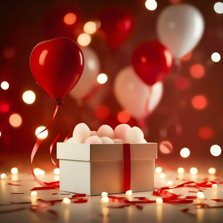 A red heart balloon floats over a gift box filled with marshmallows, set against a bokeh background of red and white lights. Perfect Valentine's Day image.の写真素材