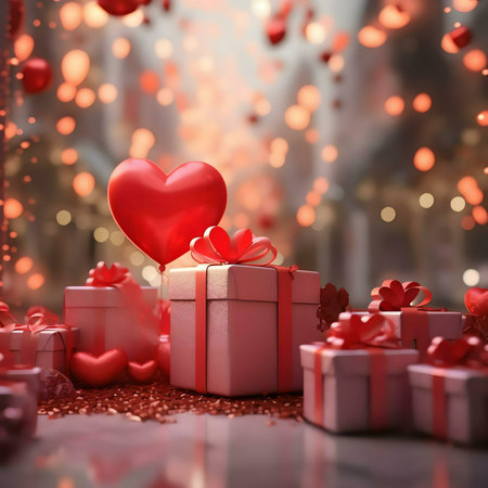 A romantic Valentine's Day scene with a red heart-shaped balloon and many beautifully wrapped gifts.の写真素材