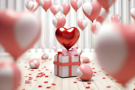 A romantic scene featuring a gift and heart-shaped balloons for Valentine's Day.の写真素材