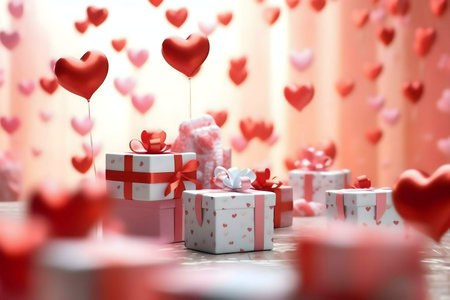 Romantic Valentine's Day scene featuring gift boxes and falling hearts.の写真素材