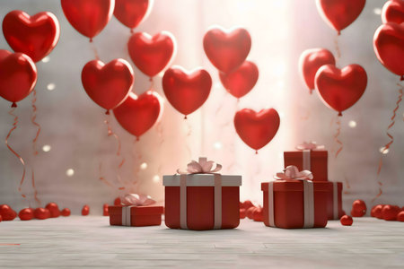 A romantic scene with red heart-shaped balloons and gifts, perfect for Valentine's Day.の写真素材