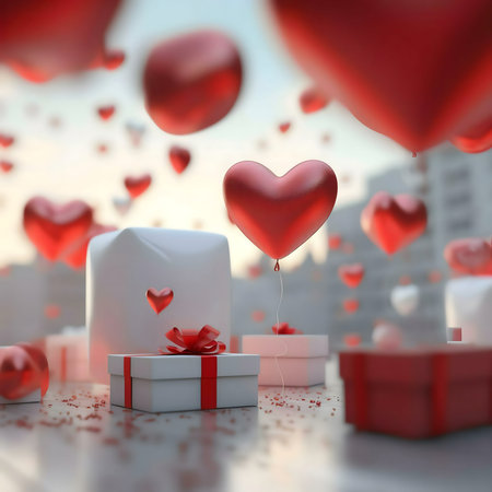 Red heart balloons float above gifts, a romantic Valentine's Day scene.の写真素材