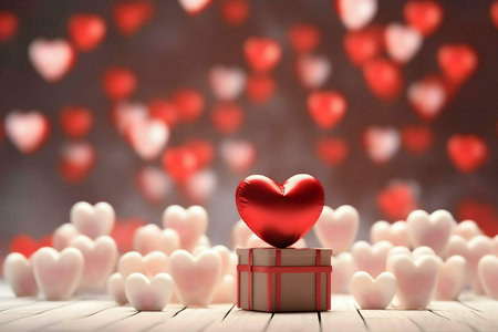 A red heart sits atop a gift box surrounded by many pink and white hearts, creating a romantic Valentine's Day scene.の写真素材