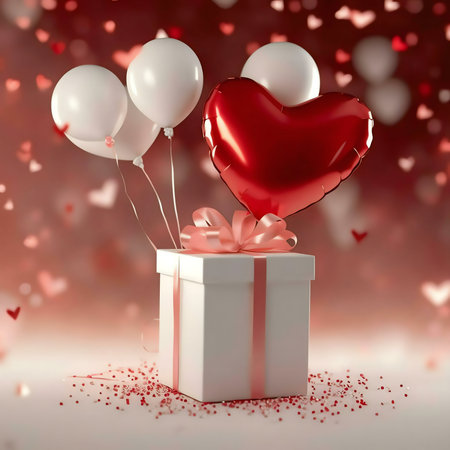 A white gift box adorned with a red heart-shaped balloon and white balloons, perfect for Valentine's...
