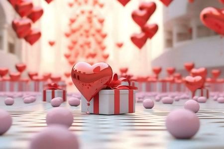 A red heart-shaped balloon rests on a gift, surrounded by pink spheres and floating heartsの写真素材