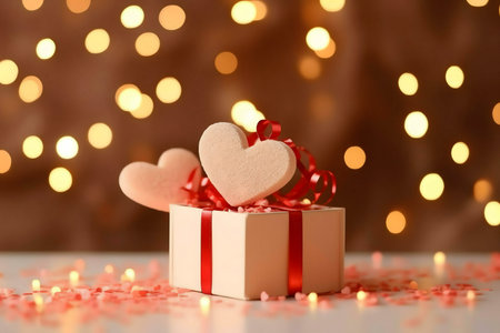 A Valentine's Day gift box adorned with heart-shaped treats and a red ribbon, set against a bokeh...